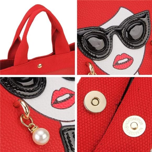 Quirky Lady Face Handbag - PU Leather Satchel, Top Handle Shoulder Bag - Picture 6 of 6